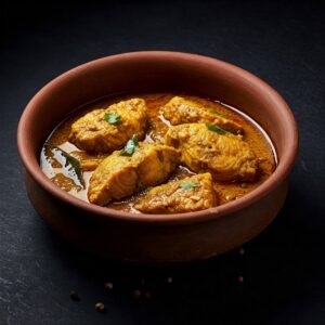 Fish Goa curry in a rustic clay bowl against a dark backdrop.