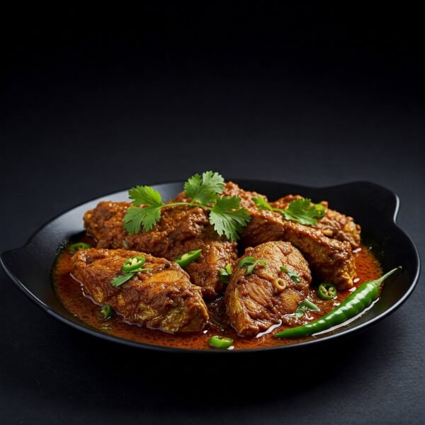 Fish masala garnished with cilantro and green chilies on a black plate.