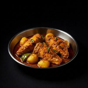 Fish vindaloo with potatoes and green peppers in a metal bowl