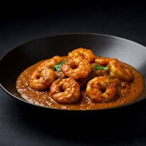 Prawn masala with cilantro in a black bowl against a dark background.