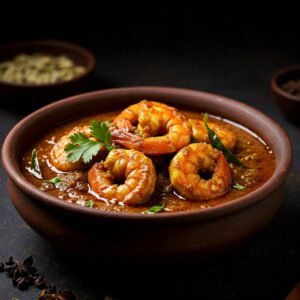 Prawns Goa curry in a traditional clay pot with spices around it.