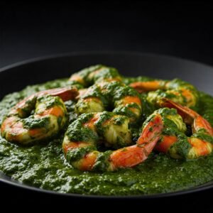 Prawns coated in a vibrant green spinach (palak) sauce on a black plate.