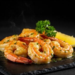 Steaming butter prawns with parsley and a lemon wedge on a dark slate.